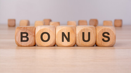 the text BONUS is written on wooden blocks on a brown background