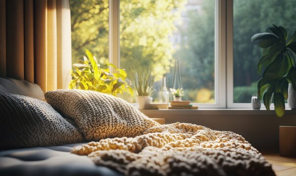 Cozy corner in a living room with a knitted throw, plush cushions, and warm sunlight streaming through a large windo