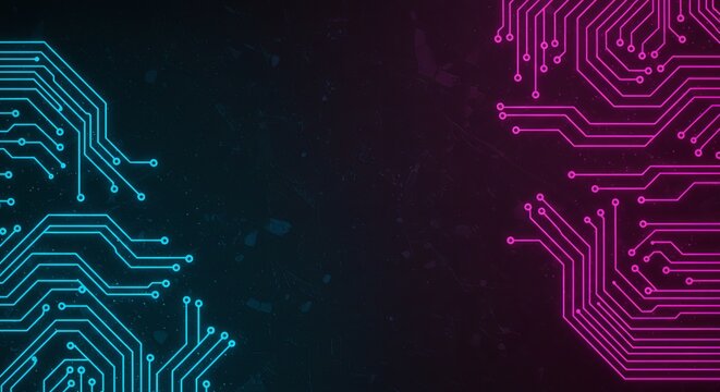 Futuristic circuit board design with blue and pink neon accents