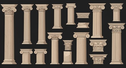 Ancient greek and roman architectural columns collection on black background