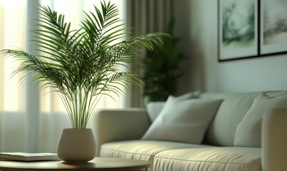 Cozy living room with modern furniture, a soft beige sofa, and a large indoor plant adding freshnes