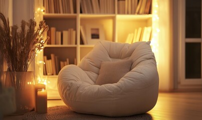 Cozy reading nook with a soft armchair and warm lighting, minimalist decor creating a peaceful and inviting space, calm ambiance