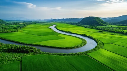 A breathtaking aerial view of a winding river surrounded by lush green fields and rolling hills under a clear blue sky. Perfect for nature enthusiasts and travel lovers.