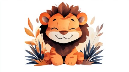 Fototapeta premium Adorable cartoon lion cub nestled amongst autumnal foliage. Warm, friendly illustration.