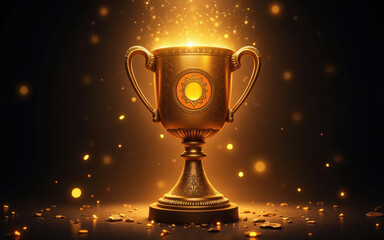 Golden trophy shining against a dark background