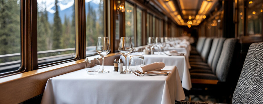Elegant dining setup in a scenic train carriage with mountain views.
