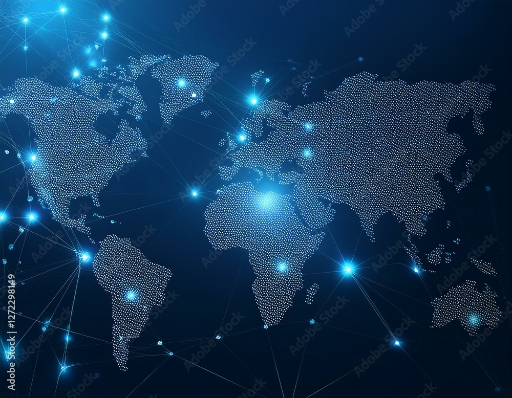 Poster Global network connection. World map point and line composition concept of global business. Generated image