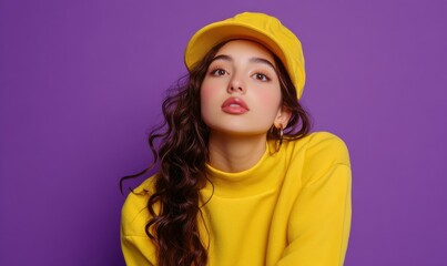 Photo portrait of pretty young girl point look up empty space wear trendy yellow outfit isolated on violet color background