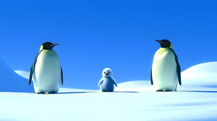 Naklejka premium Antarctic penguin family on snowy landscape, clear sky background, perfect for children's book illustration