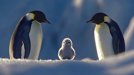 Obraz premium Antarctic Emperor Penguin Family, Chick, Snowy Landscape, Wildlife Conservation