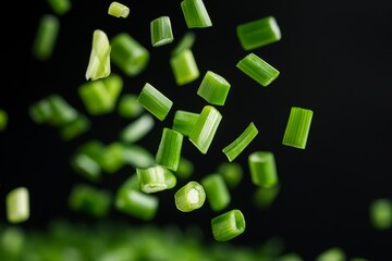 Bunch of chopped green onions flying through the air