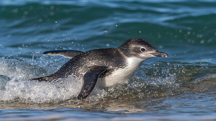 Naklejka premium Penguin chick entering ocean, splashing waves, beach background, wildlife documentary