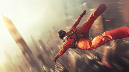 Adventurous wingsuit glider expertly navigates a stunning city skyline, gliding effortlessly through the air during golden hour, showcasing remarkable athleticism and control