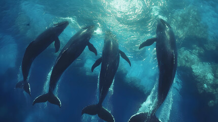 Whale pod playfully surfacing, ocean coral reef background, underwater wildlife documentary footage