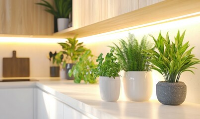 Potted plants on white kitchen counter with wooden cabinet background.
