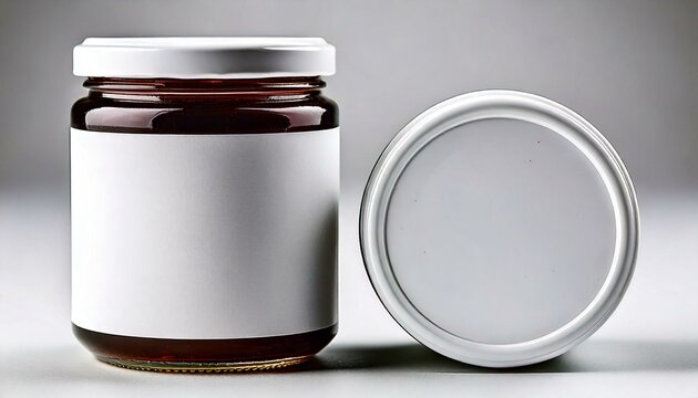 美味しそうなジャムの瓶のモックアップ写真　白無地のラベルと蓋　コピースペースあり　ブルーベリージャム