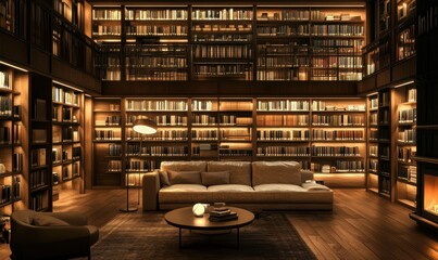 Luxurious library with cozy seating and warm ambient lighting.