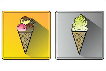Two ice cream cones, one with three scoops of different flavors and chocolate sticks, and another with matcha soft serve, are displayed on contrasting backgrounds
