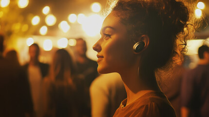 A young woman interacts with friends at a lively party, showcasing her hearing aid while enjoying the festive atmosphere. Colorful lights illuminate the gathering