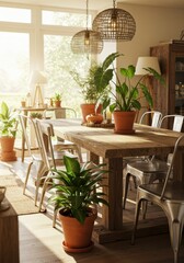 Bright dining room with wooden table and lush indoor plants in natural lighting