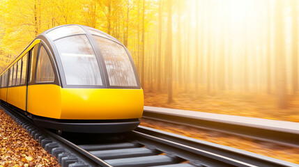 A yellow train on tracks in a vibrant autumn forest.