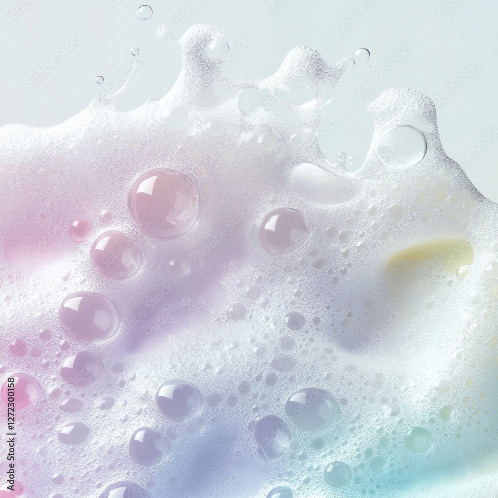 Poster Captivating soap foam displays a mesmerizing arrangement of bubbles, reflecting soft pastel colors and creating a dreamy, ethereal atmosphere