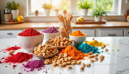 Vibrant Holi festival snacks arrangement on kitchen counter, celebration joy