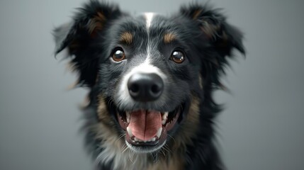 joyful pup with a big smile, standing against a white background, exuding happiness and charm in a minimalist setting.