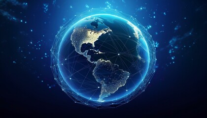 Obraz premium Earth global network connection atlantic ocean deep blue background. Generated image