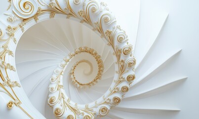 Obraz premium Elegant spiral staircase with white and gold accents, white isolated background.