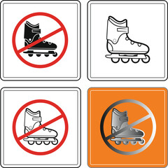 Four variations of a no roller skating sign featuring inline skates, indicating restricted areas