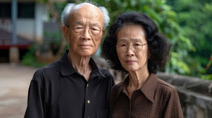 Fototapeta premium Heartwarming portrait of a wise elderly couple smiling together in their charming residential neighborhood.