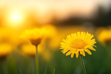 Yellow flower is in the foreground of a field of green grass