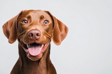 Brown dog with blue eyes is smiling and has its tongue out