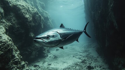 Obraz premium Ocean's Depth: A Tuna's Graceful Passage Through Underwater Canyon