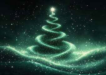 Christmas Tree Illustration with Spiraling Stars on Green Background