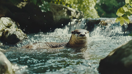 Fototapeta premium Otter swimming rocky stream lush foliage background wildlife nature documentary