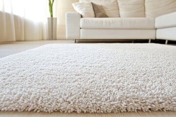 White carpet is laying on the floor in front of a white couch