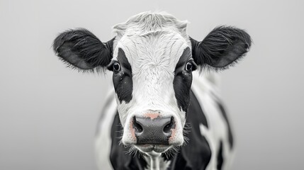 Cow isolated on white. black and white gentle surprised look. pink nose. in front of a blue sky.
