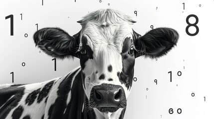 Cow isolated on white. black and white gentle surprised look. pink nose. in front of a blue sky.