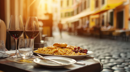 A rustic trattoria table is beautifully set with a plate of pasta, wine glasses, and assorted food under the warm glow of sunset. The street is inviting, showcasing vibrant buildings nearby