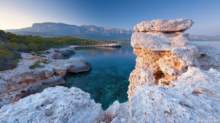 Sunrise over rocky cove, clear water, mountain backdrop