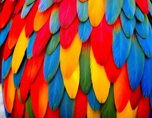 Obraz premium Colorful parrot feathers texture. Vibrant exotic tropical bird pattern with red, blue, yellow, and green plumage. Photograph.