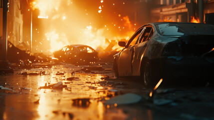In a city overwhelmed by destruction, flames erupt from buildings and vehicles, casting an orange glow. Broken glass and debris scatter across the ground, revealing the aftermath of chaos