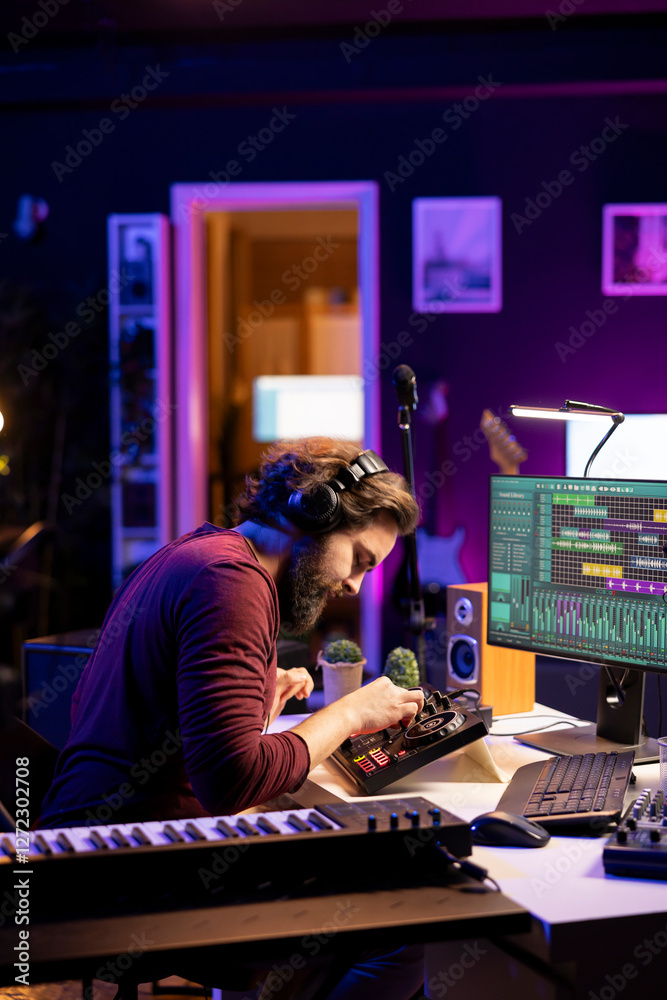 Poster Music engineer using mixing console to add sound effects on tracks, working with daw software on computer for post production. Artist producing new tunes with amplifier and audio recordings.