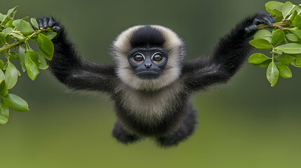 Fototapeta premium Young monkey swinging, rainforest branches, lush green background, wildlife conservation