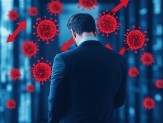 A businessman analyzes growth trends amidst pandemic challenges, symbolizing resilience and adaptation in uncertain times.