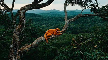 Obraz premium Golden monkey resting in treetop, lush jungle backdrop, mountainous landscape, wildlife conservation