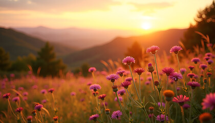Sunset over blooming wildflowers in a mountain landscape, Sunlit flowers, Warm sunshine