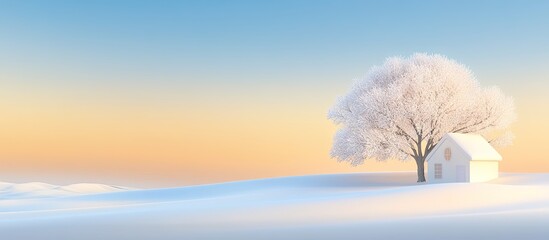 Snowy landscape showing a tiny house beneath a frosted tree
